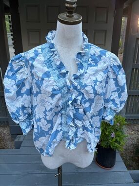 English Factory Blue and White Floral Ruffle Puff-Sleeve Blouse